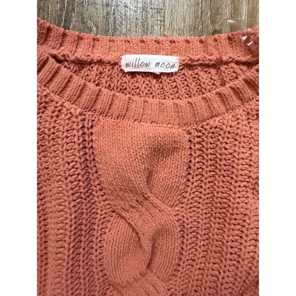 Willow Moon XXL Chenille Cable Knit Fringe Sweater Terracotta Pink Boho Pullover - Picture 6 of 9